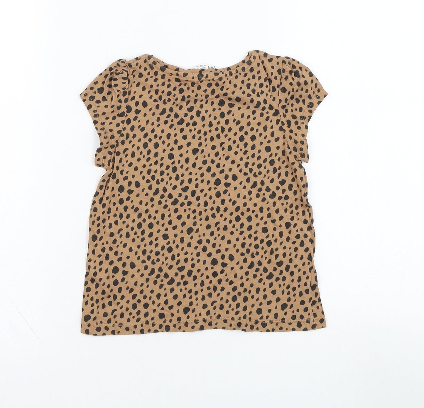 H&M Girls Brown Animal Print Cotton Basic T-Shirt Size 4-5 Years Round Neck Pullover
