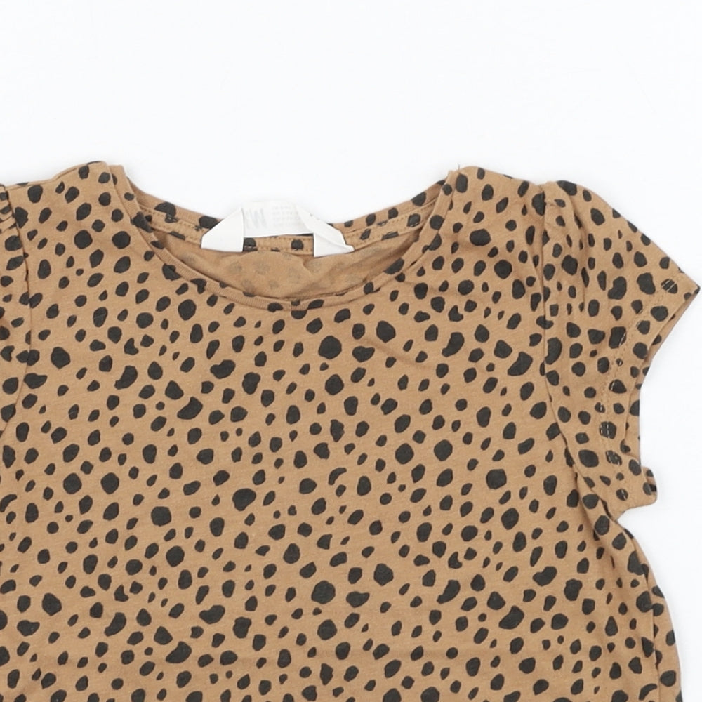 H&M Girls Brown Animal Print Cotton Basic T-Shirt Size 4-5 Years Round Neck Pullover