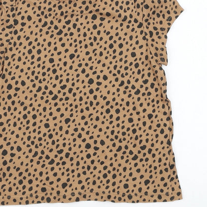 H&M Girls Brown Animal Print Cotton Basic T-Shirt Size 4-5 Years Round Neck Pullover