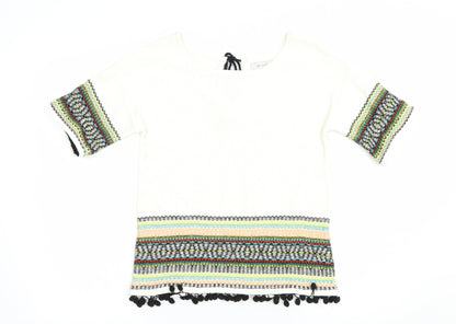Per Una Womens White Boat Neck Geometric Cotton Pullover Jumper Size 8