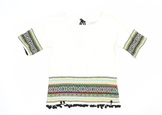 Per Una Womens White Boat Neck Geometric Cotton Pullover Jumper Size 8