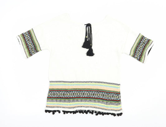 Per Una Womens White Boat Neck Geometric Cotton Pullover Jumper Size 8