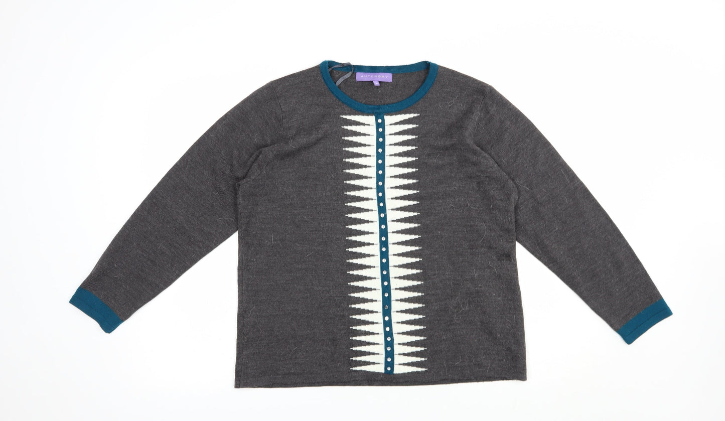 Autonomy Womens Grey Crew Neck Geometric Acrylic Pullover Jumper Size M