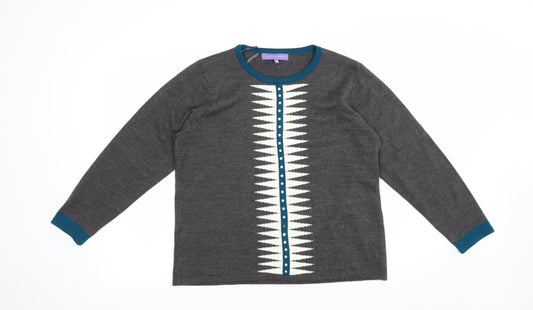 Autonomy Womens Grey Crew Neck Geometric Acrylic Pullover Jumper Size M