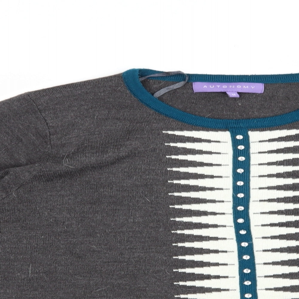 Autonomy Womens Grey Crew Neck Geometric Acrylic Pullover Jumper Size M