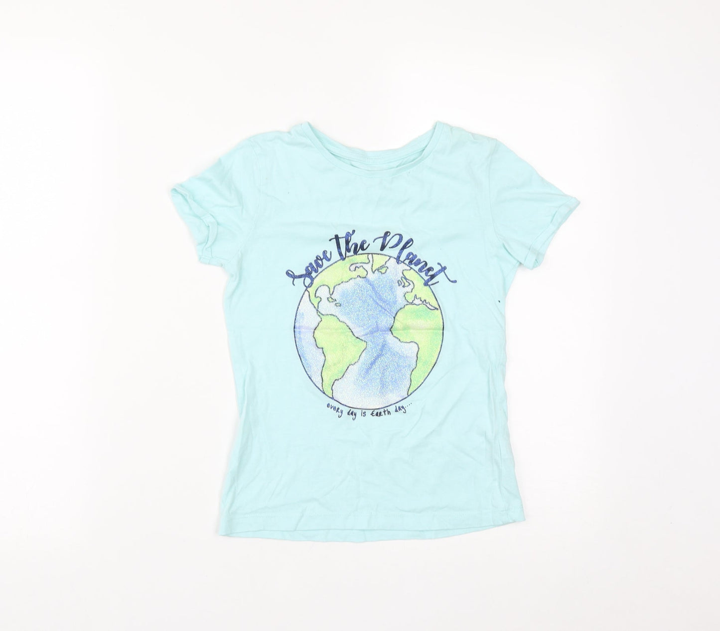 Dunnes Girls Green  Cotton Basic T-Shirt Size 8 Years Round Neck  - Save the Planet