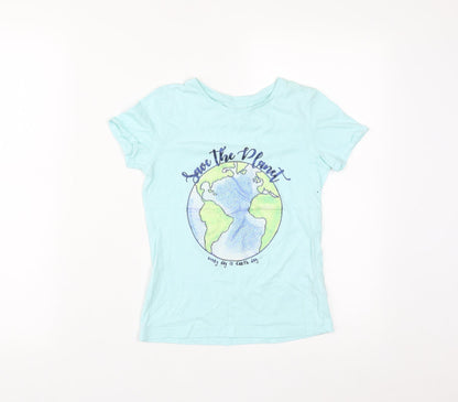 Dunnes Girls Green  Cotton Basic T-Shirt Size 8 Years Round Neck  - Save the Planet