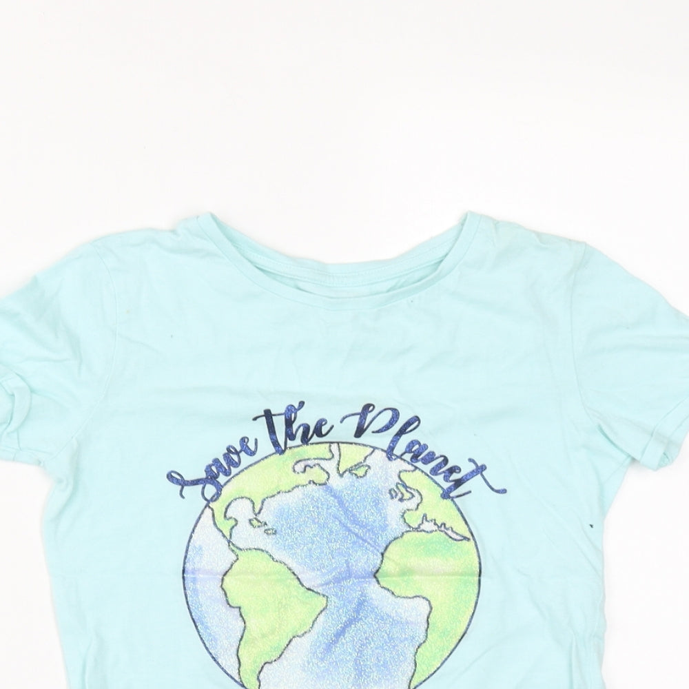 Dunnes Girls Green  Cotton Basic T-Shirt Size 8 Years Round Neck  - Save the Planet