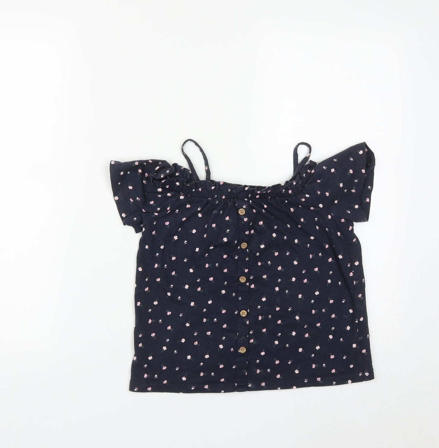 NEXT Girls Blue Floral Cotton Basic T-Shirt Size 8 Years Square Neck