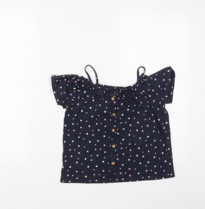NEXT Girls Blue Floral Cotton Basic T-Shirt Size 8 Years Square Neck