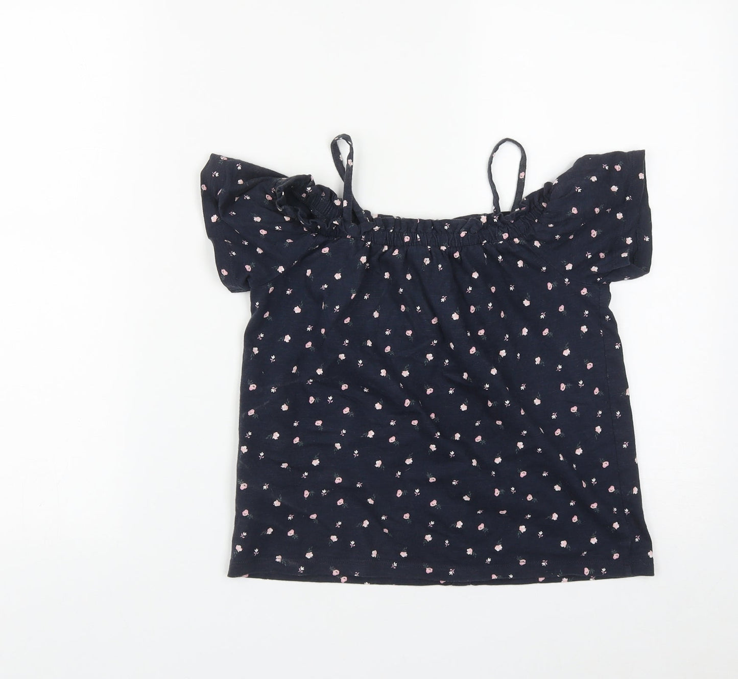 NEXT Girls Blue Floral Cotton Basic T-Shirt Size 8 Years Square Neck