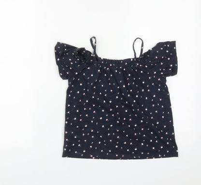 NEXT Girls Blue Floral Cotton Basic T-Shirt Size 8 Years Square Neck