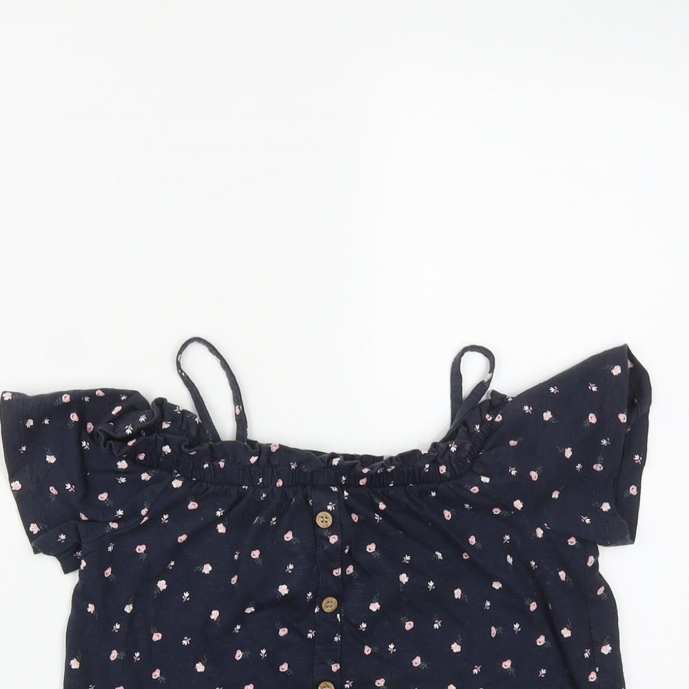 NEXT Girls Blue Floral Cotton Basic T-Shirt Size 8 Years Square Neck