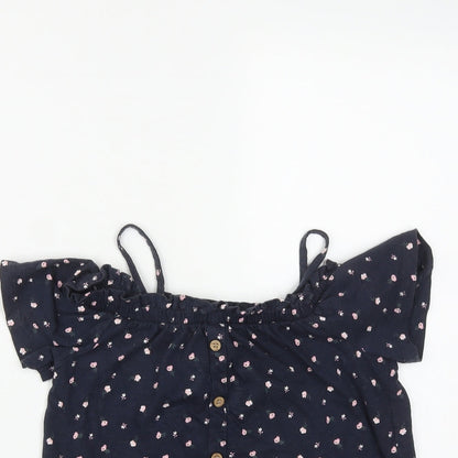 NEXT Girls Blue Floral Cotton Basic T-Shirt Size 8 Years Square Neck