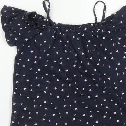 NEXT Girls Blue Floral Cotton Basic T-Shirt Size 8 Years Square Neck
