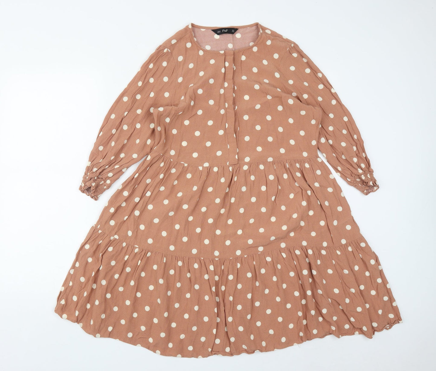 F&F Womens Brown Polka Dot Viscose Fit & Flare  Size 10  Round Neck Button