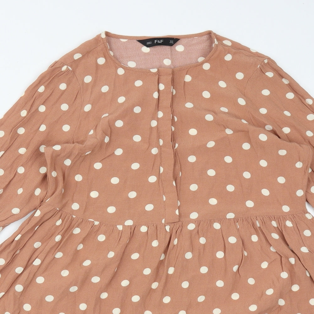 F&F Womens Brown Polka Dot Viscose Fit & Flare  Size 10  Round Neck Button