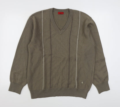 Gabicci Mens Brown V-Neck Striped Acrylic Pullover Jumper Size XL