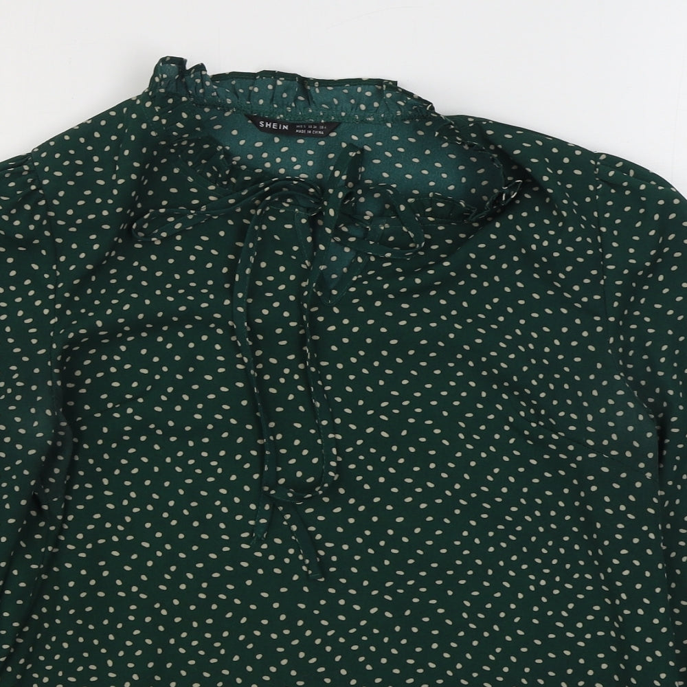 SheIn Womens Green Polka Dot Polyester Basic Blouse Size S Round Neck