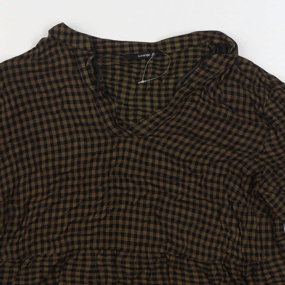 George Womens Blue Check Viscose Basic Blouse Size 10 V-Neck