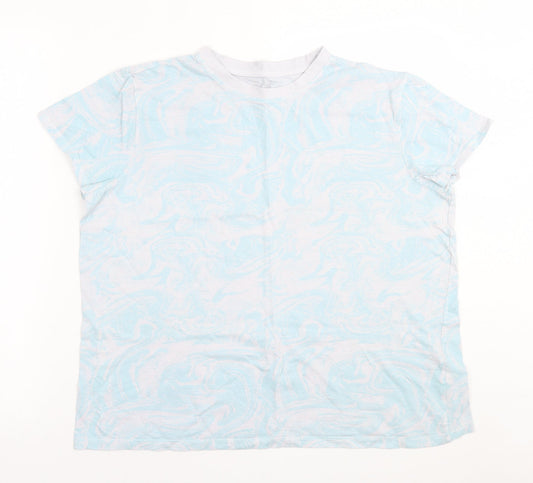 Primark Womens Blue Geometric Cotton Basic T-Shirt Size L Crew Neck