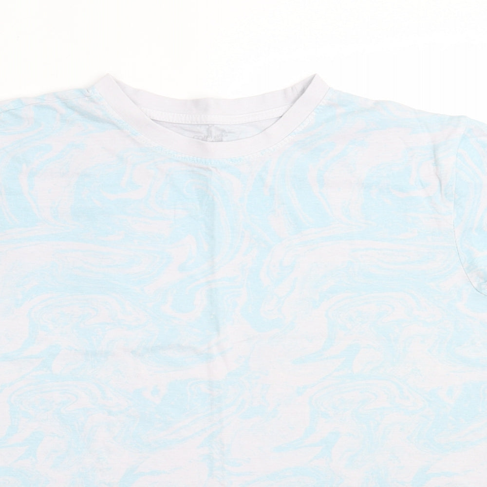 Primark Womens Blue Geometric Cotton Basic T-Shirt Size L Crew Neck