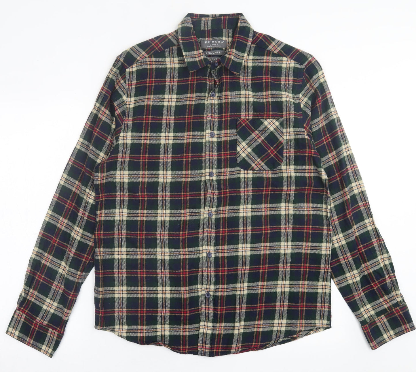 Primark Mens Green Plaid Cotton  Button-Up Size L Collared Button