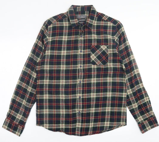 Primark Mens Green Plaid Cotton  Button-Up Size L Collared Button