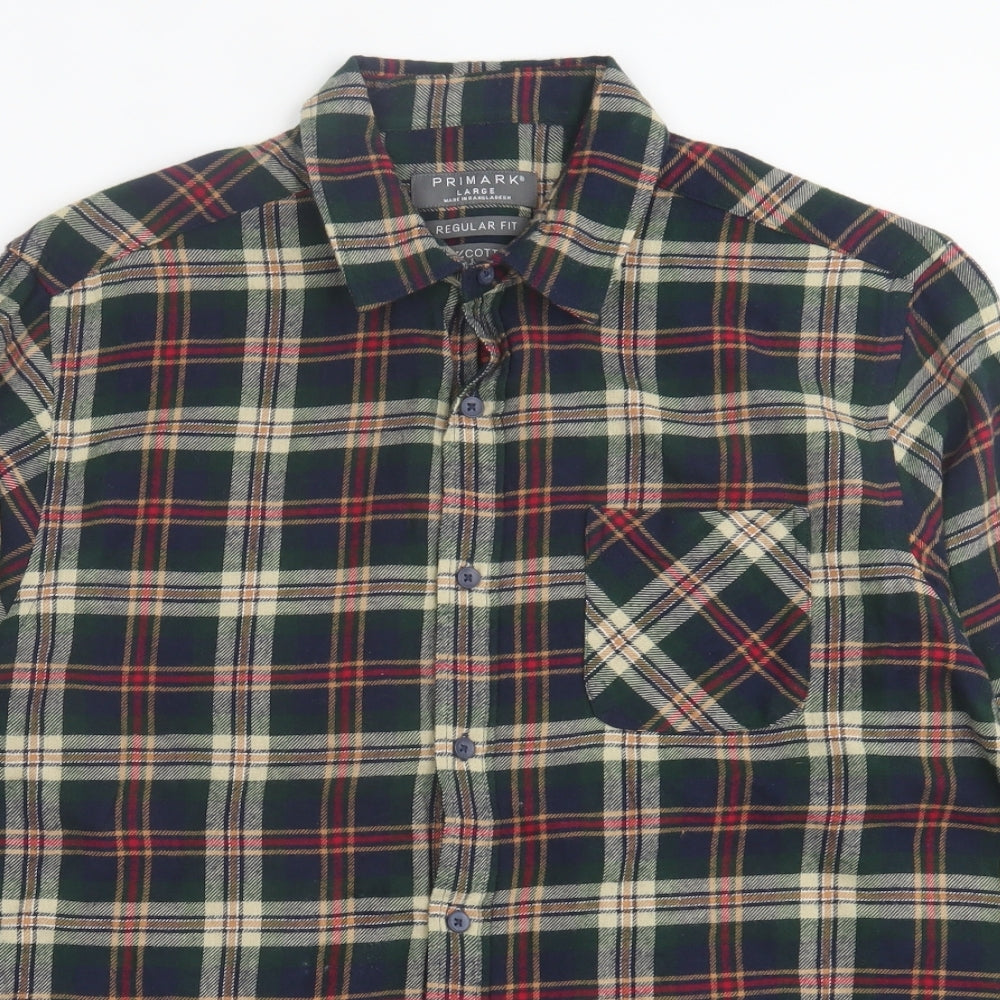 Primark Mens Green Plaid Cotton  Button-Up Size L Collared Button