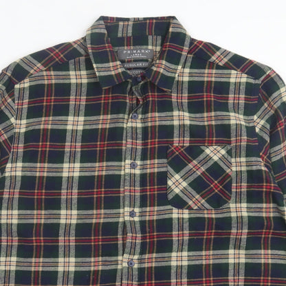Primark Mens Green Plaid Cotton  Button-Up Size L Collared Button