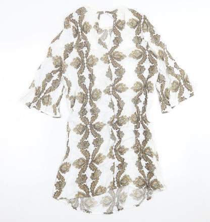 H&M Womens White Geometric Viscose A-Line  Size 8  Crew Neck Button