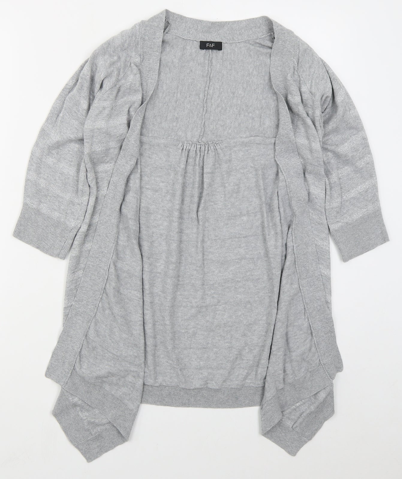 F&F Womens Grey V-Neck Striped Cotton Cardigan Jumper Size 8