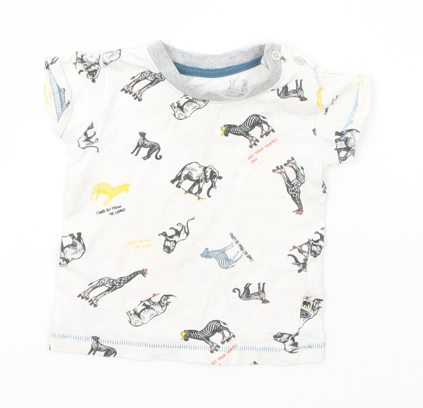 Matalan Baby White Geometric Cotton Basic T-Shirt Size 3-6 Months Roll Neck Pullover - zoo animals