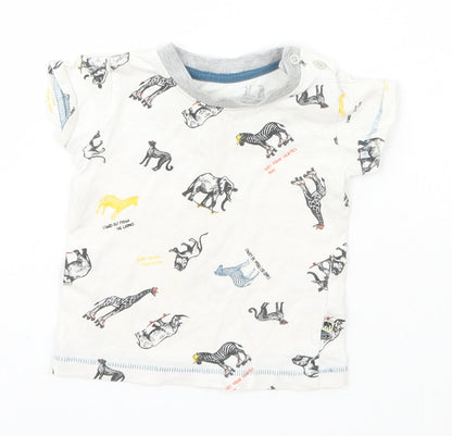 Matalan Baby White Geometric Cotton Basic T-Shirt Size 3-6 Months Roll Neck Pullover - zoo animals