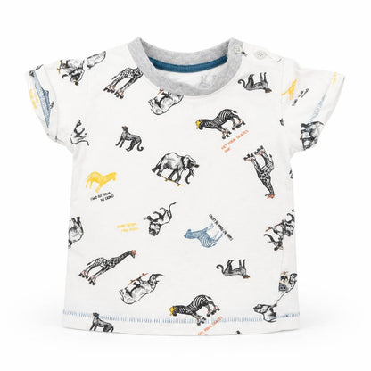 Matalan Baby White Geometric Cotton Basic T-Shirt Size 3-6 Months Roll Neck Pullover - zoo animals