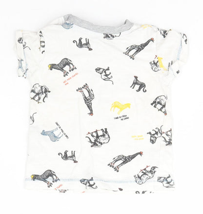 Matalan Baby White Geometric Cotton Basic T-Shirt Size 3-6 Months Roll Neck Pullover - zoo animals