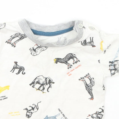 Matalan Baby White Geometric Cotton Basic T-Shirt Size 3-6 Months Roll Neck Pullover - zoo animals