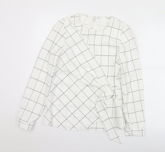F&F Womens White Check Polyester Wrap Blouse Size 8 Round Neck