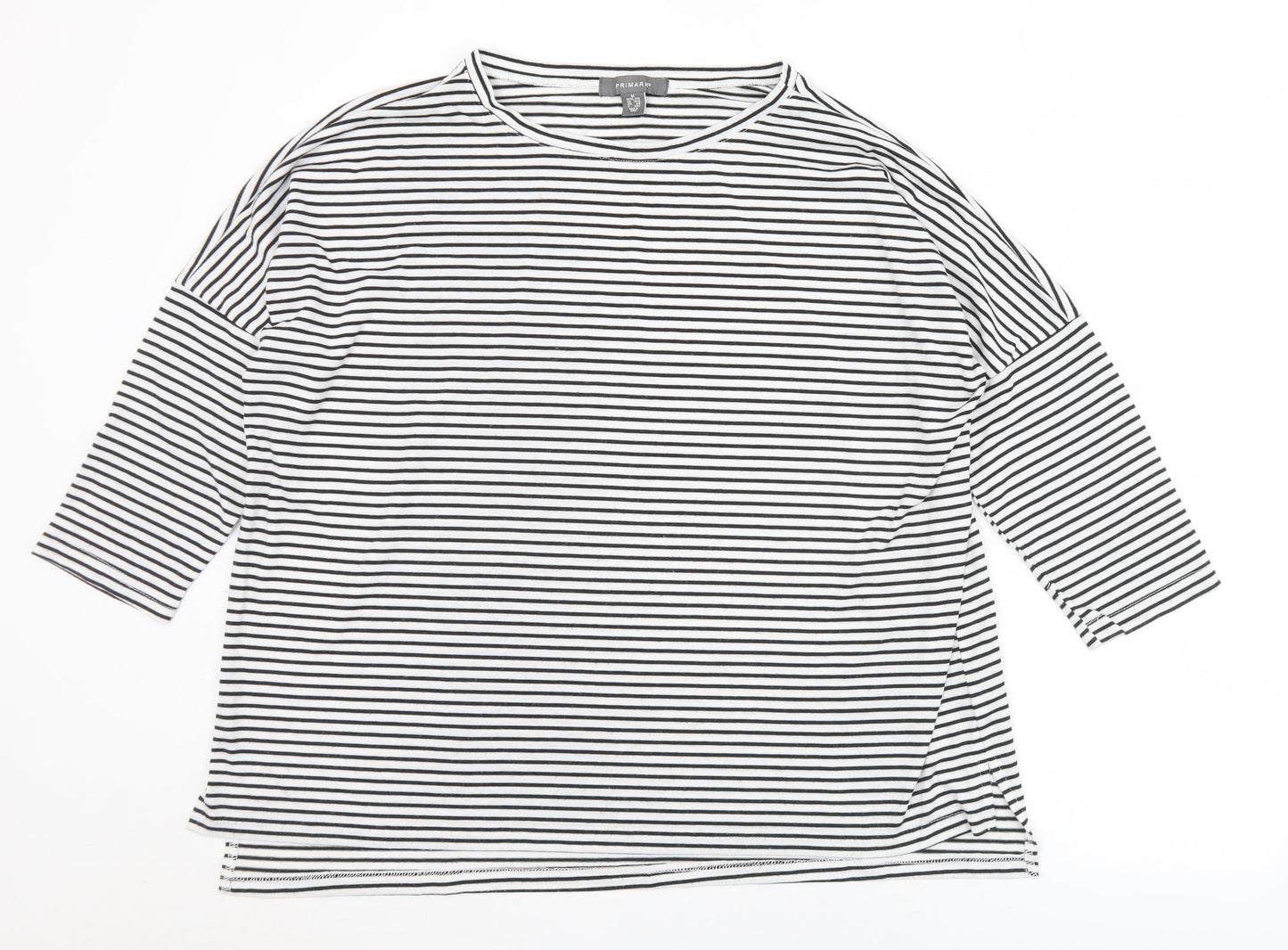Primark Womens Black Striped Polyester Basic T-Shirt Size 10 Round Neck - 10/12