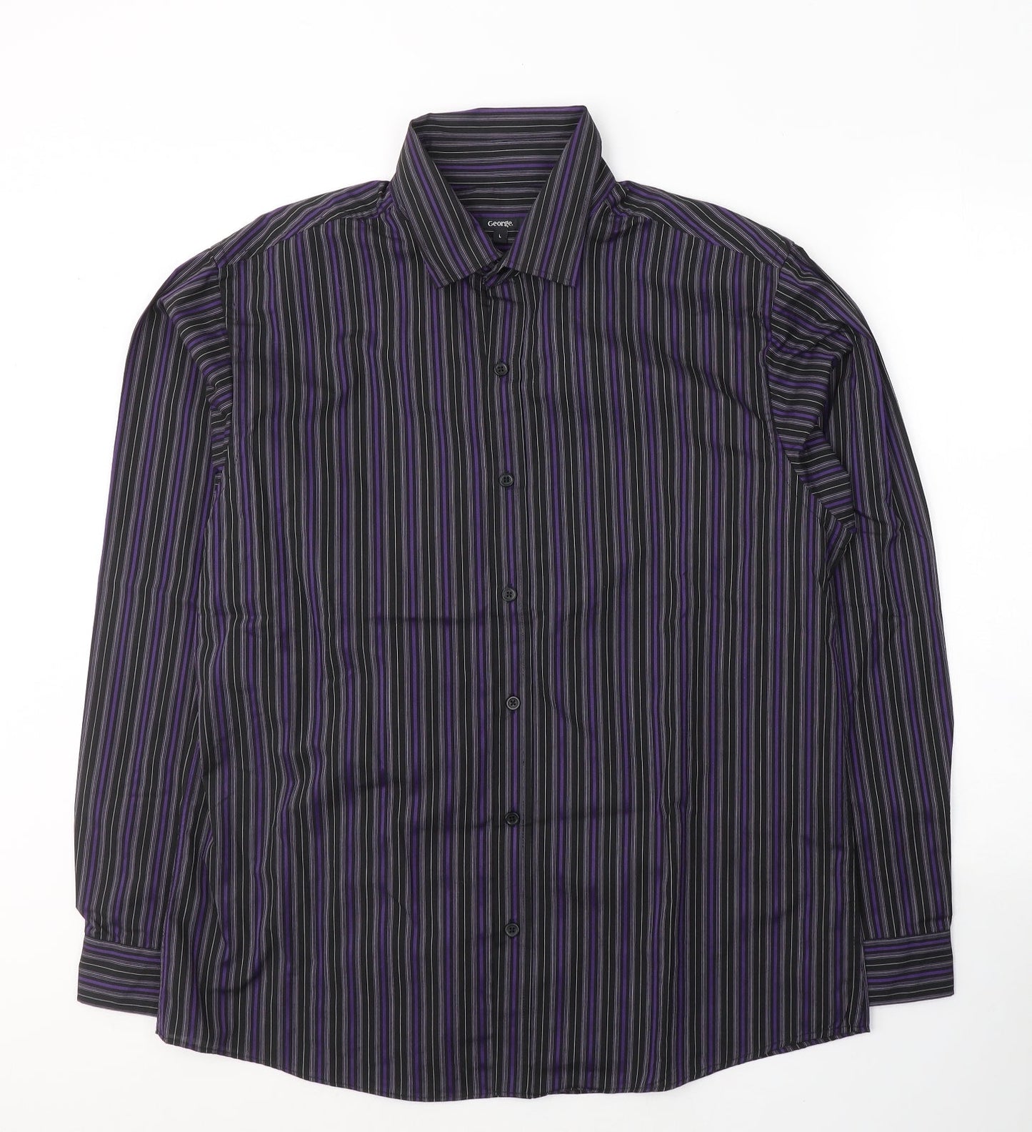 George Mens Purple Striped Polyester  Button-Up Size L Collared Button