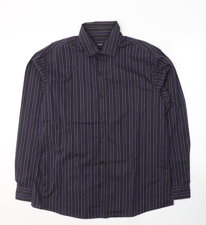 George Mens Purple Striped Polyester  Button-Up Size L Collared Button