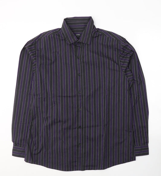 George Mens Purple Striped Polyester  Button-Up Size L Collared Button