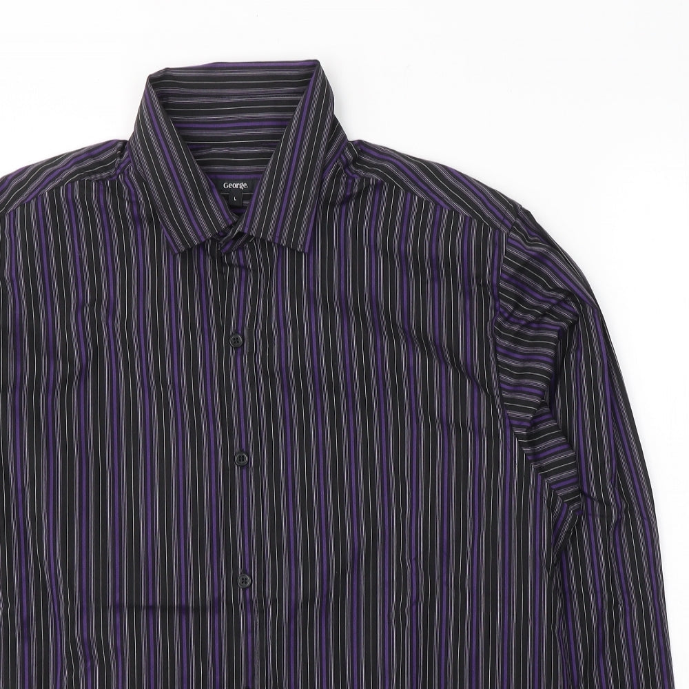 George Mens Purple Striped Polyester  Button-Up Size L Collared Button