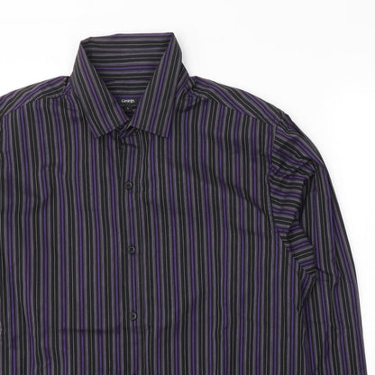 George Mens Purple Striped Polyester  Button-Up Size L Collared Button