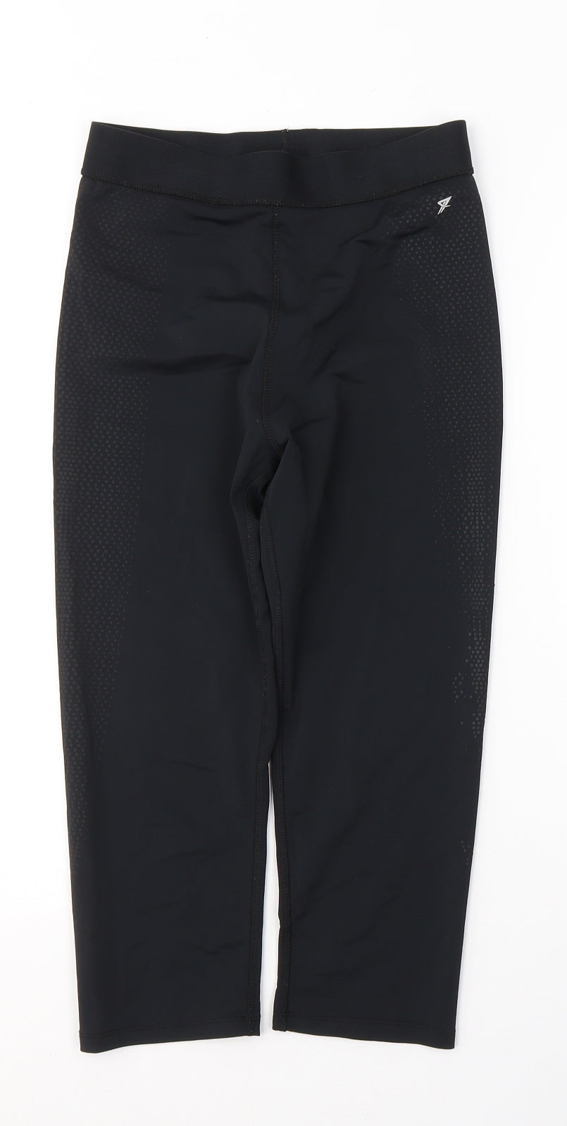 Front view of WORKOUT women’s black polyester cropped leggings, size UK 10, 18-inch leg regular pullover