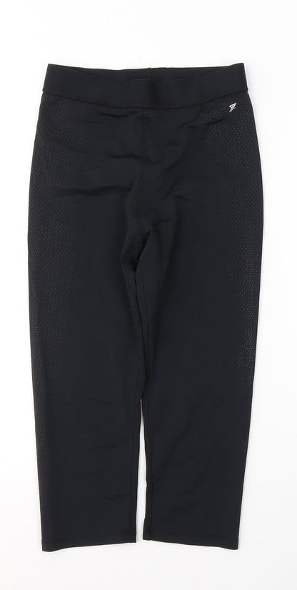 Front view of WORKOUT women’s black polyester cropped leggings, size UK 10, 18-inch leg regular pullover