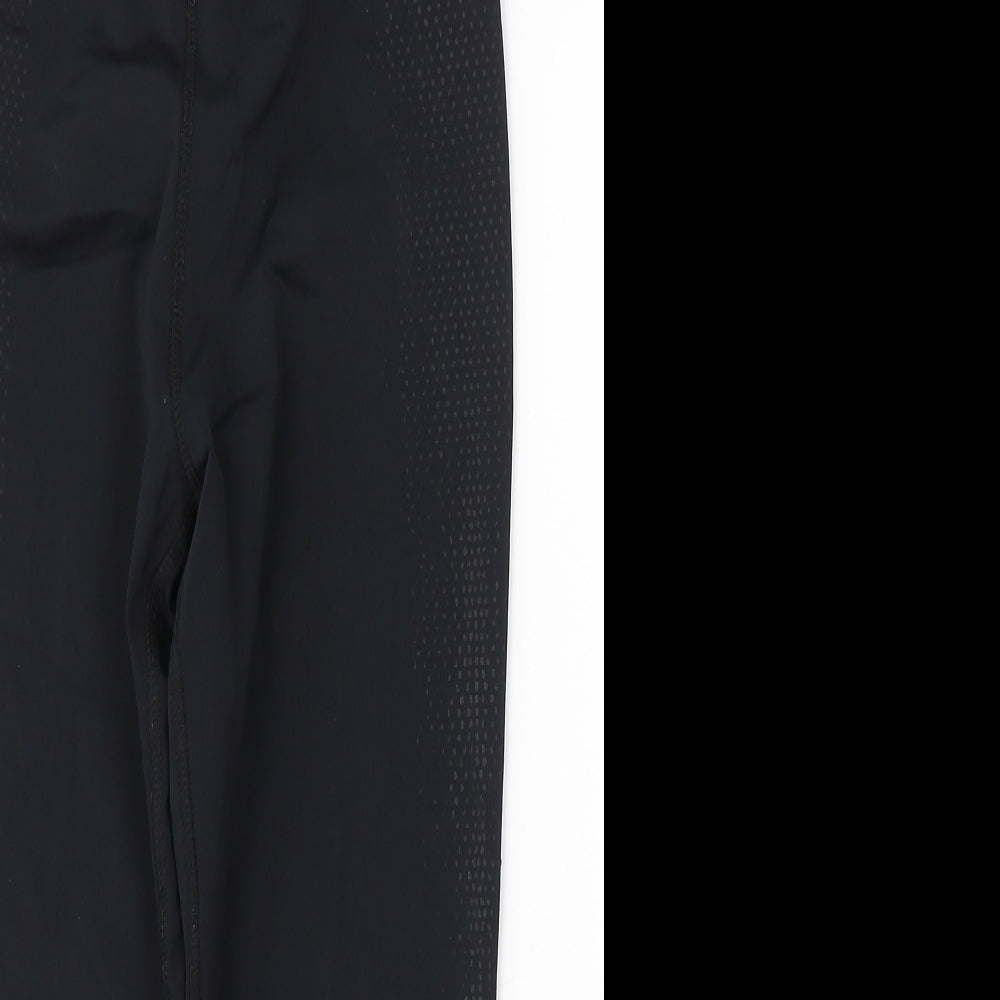 Close-up detail of WORKOUT women’s black polyester cropped leggings, size UK 10, 18-inch leg regular pullover