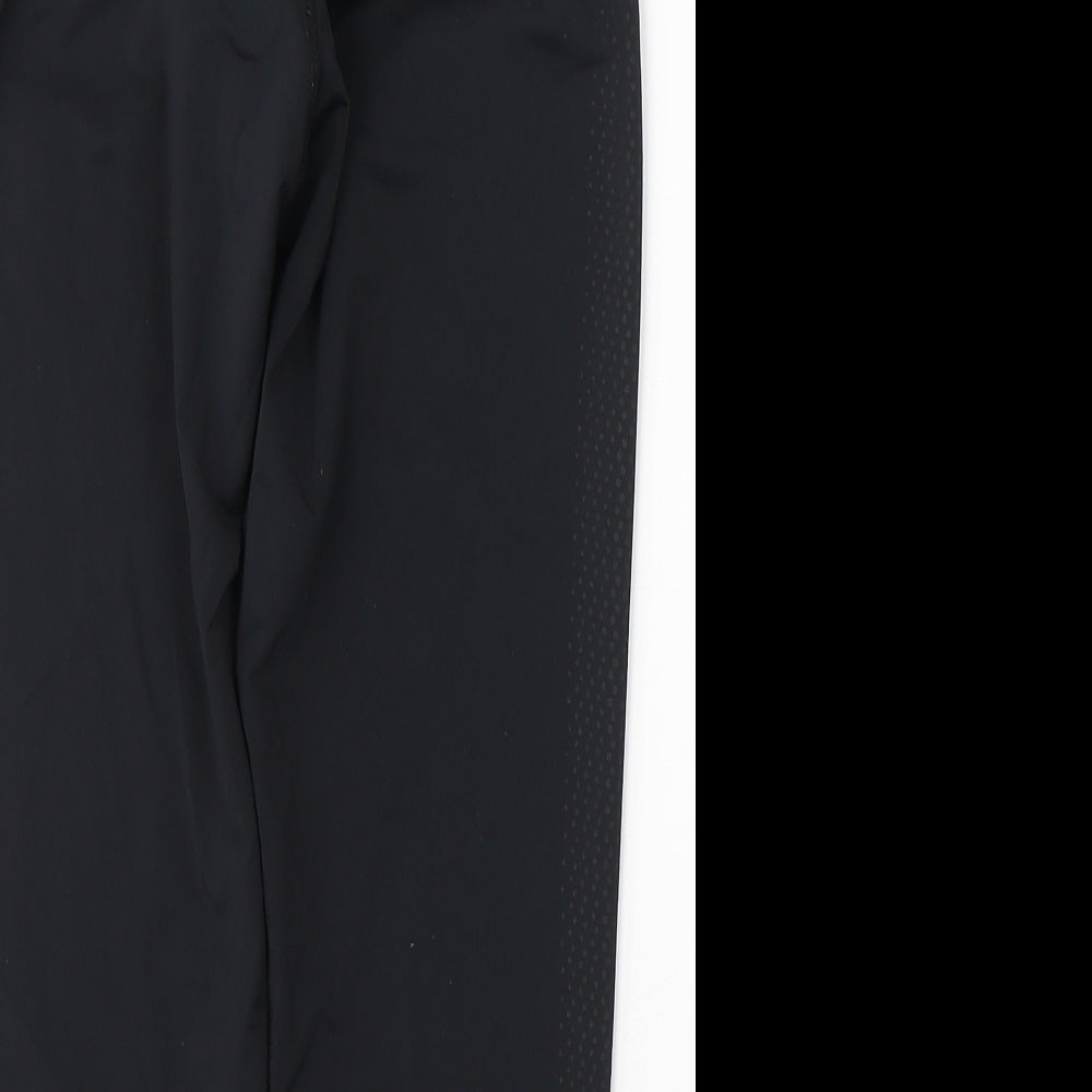 Brand and care label for WORKOUT women’s black polyester cropped leggings, size UK 10, 18-inch leg regular pullover
