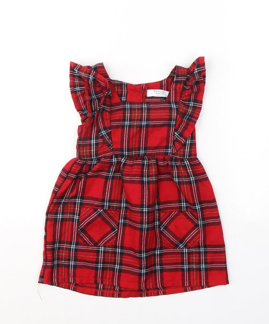 Primark Girls Red Plaid Cotton A-Line  Size 18-24 Months  Round Neck Button