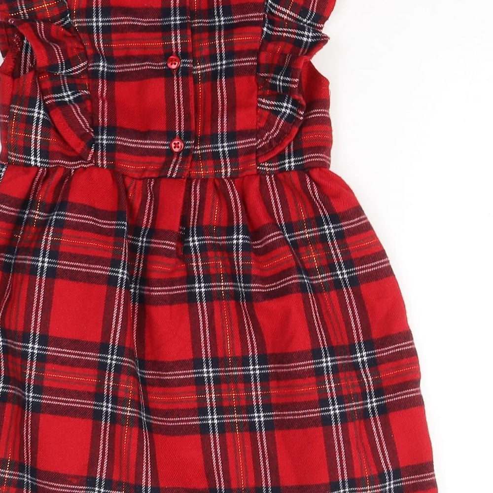 Primark Girls Red Plaid Cotton A-Line  Size 18-24 Months  Round Neck Button